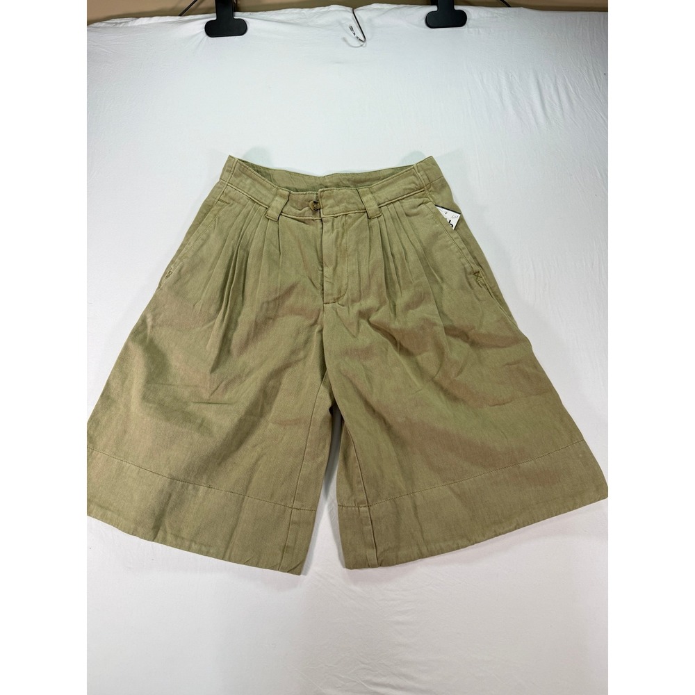 Free People Pleated Wide Leg Shorts Women's Size 2 Olive Green Cotton Chino - Picture 2 of 10